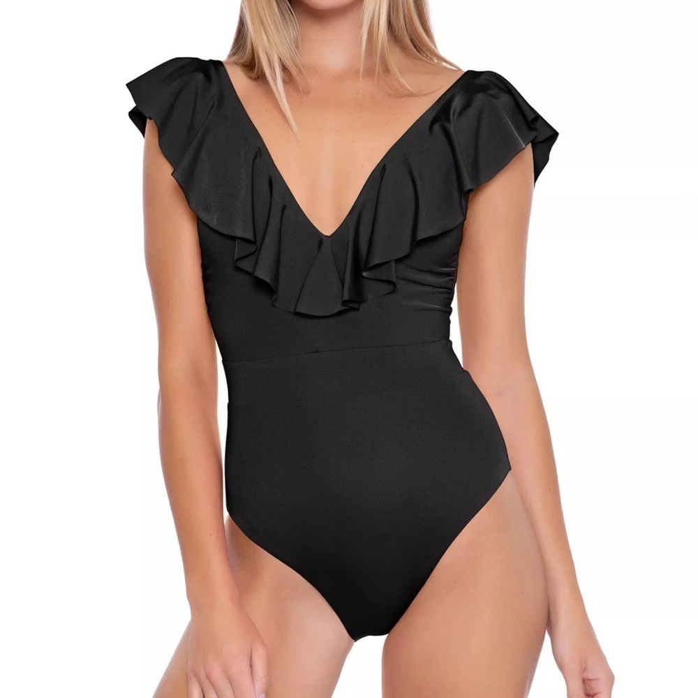TRINA TURK Black Standard Monaco Ruffle One Piece Swimsuit, Size 6 (v)